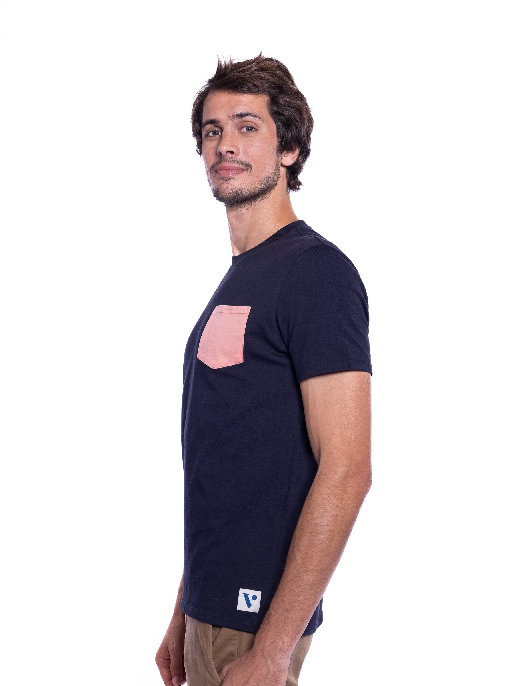 T-shirt marine poche corail